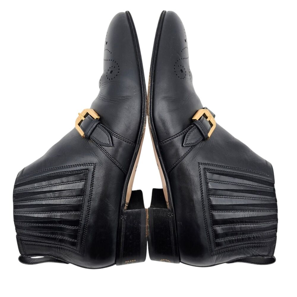 Gucci Worsh Black Leather Chelsea Ankle Boot Size 38.5 US 8.5 Gold Buckle Brogue - Picture 4 of 11